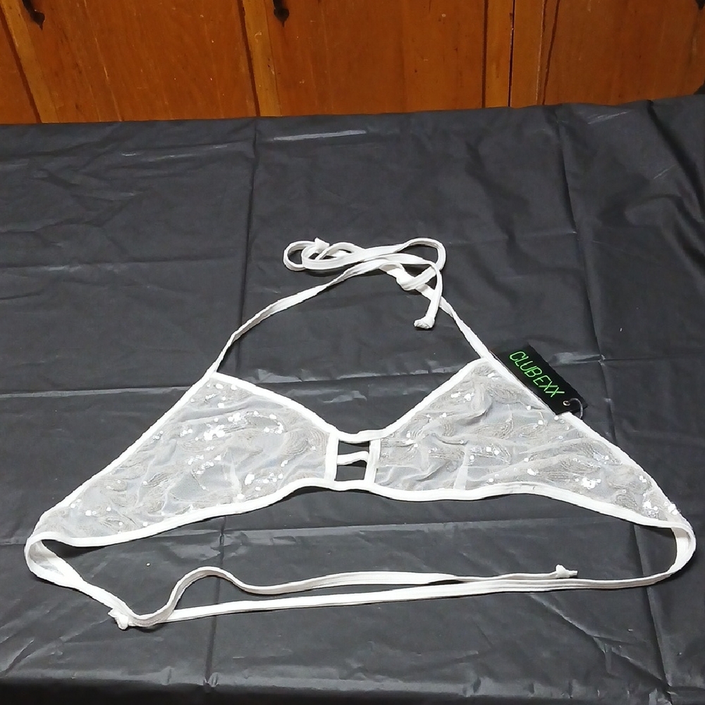 Dolls Kill Club Exx Destiny Dawn White Sequin Sheer Bra String-Tie Top XXL Rave